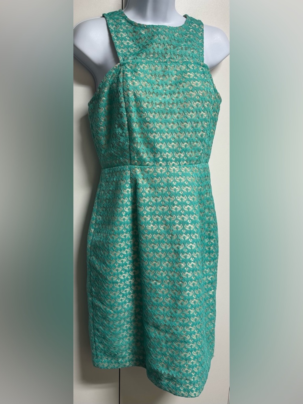 J Taylor Bluish Green Lace Tan Luned underlay Sleeveless Dress NWT